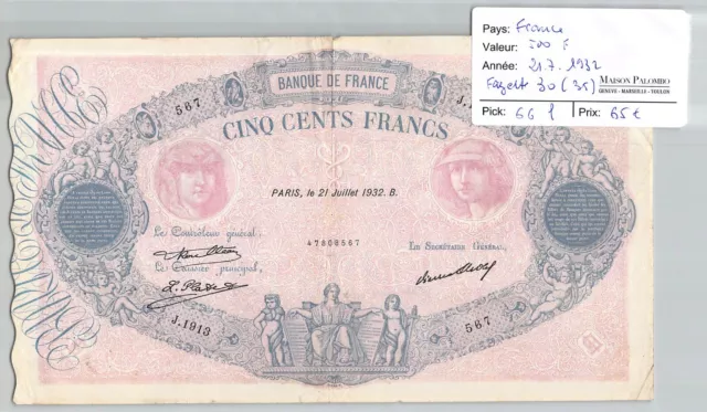 BILLET FRANCE - 500 Francs - 21/7/1932 - Fayette 30(35) Pick 66l - N°567