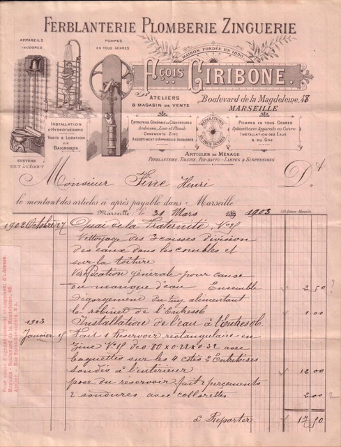 Facture Ancienne 1915 Toulon – Plomberie Zinguerie H. Barel, Document D'époque 1ère Guerre