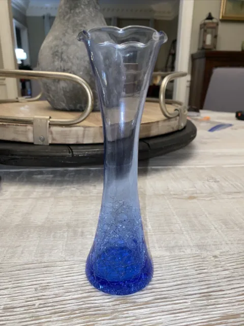 Vintage Blue Crackled Glass Bud Vase