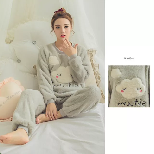T0# Warm Thicken Flannel Pajamas Set Women Long Sleeve Cute Homewear (Grey 2XL)