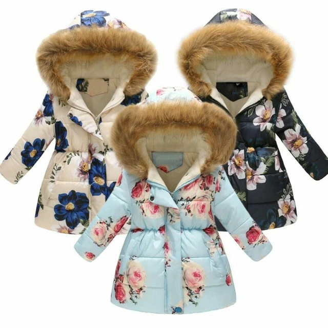 Kids Girls Winter Coat Padded Warm Jacket Fluffy Fur Parka Snowsuit Outwear Tops