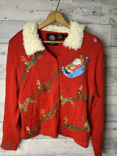 Michael Simon Event Red Sequins Santa Fur Collar Christmas Cardigan Sweater Sz L