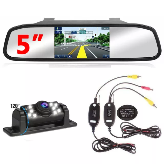 Wireless Car Backup Camera Rear View System Night Vision + 5" Mirror Monitor Kit