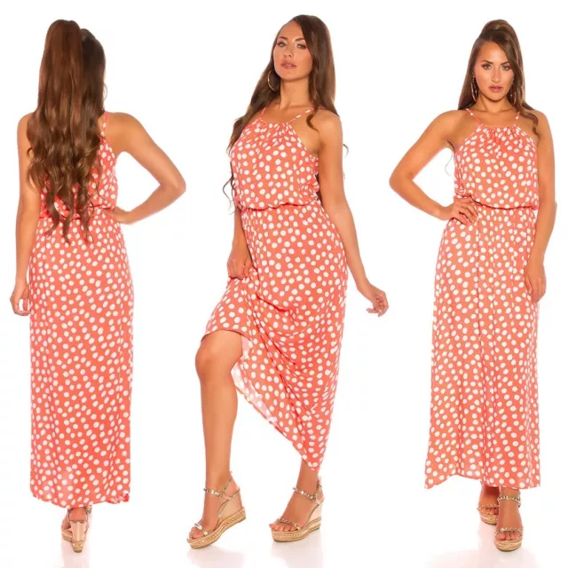 Abito Lungo da Donna Vestito Cotone Vita Alta Rosa Pois Estivo Elegante Casual