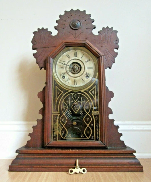 RARE ANTIQUE GINGERBREAD clock INGRAHAM mantel ALARM kitchen REVERSE