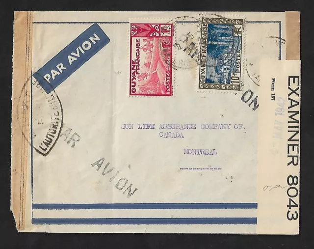 FRENCH GUIANA TO CANADA AIR MAIL 11f RATE ON DOUBLE CENSOR COVER 1942