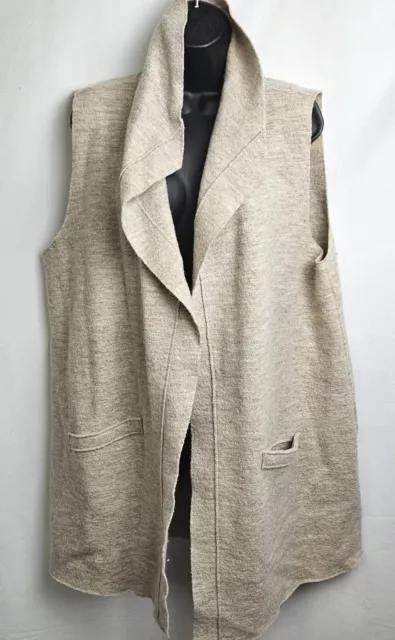 EILEEN FISHER Open Cardigan Sz Large Cream Tan Shawl Collar Wool Sweater Vest