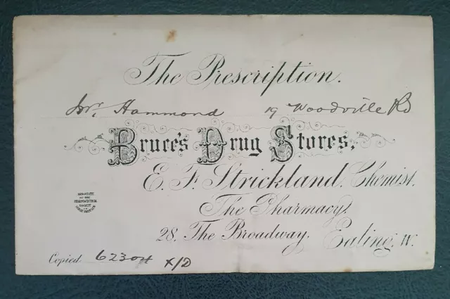 Antique Prescription Envelope Bruces Drug Stores Chemist 28 The Broadway Ealing