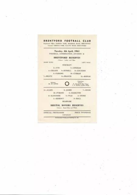 1960/61 Brentford v Bristol Rovers Football Combination Programme