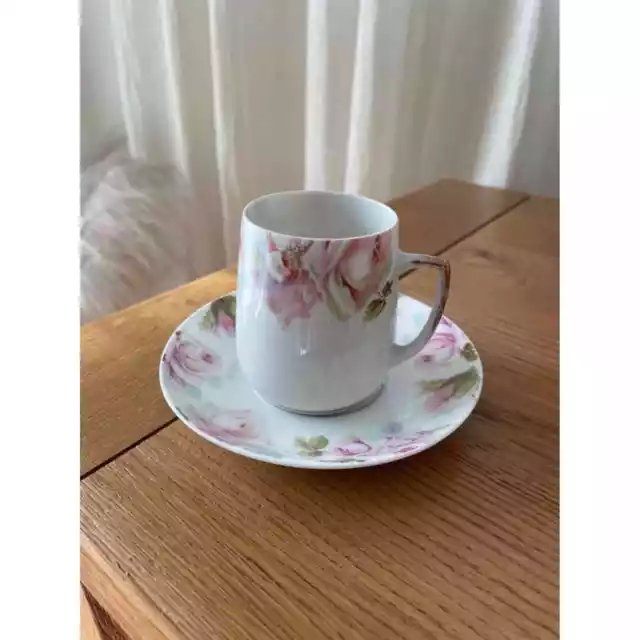 Antique Silesia Porcelain Cup and Saucer Floral Hand Painted 1890s