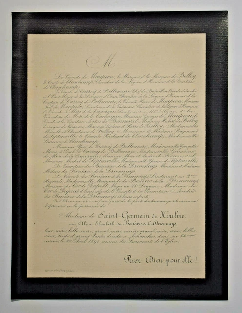BOUEXIC DE LA DRIENNAYS Saint Germain du Houlme FAIRE PART Maupeou Belloy 1891