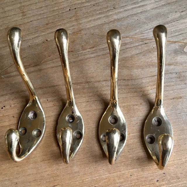 Set Of 4 Antique Brass Double Coat Hooks Victorian Vintage Reclaimed Old 3