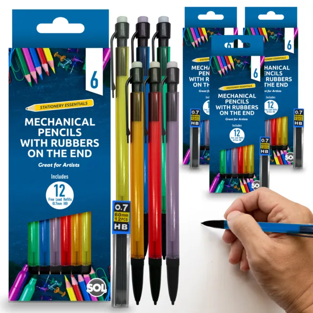 6/12pk Mechanical Pencils Set + 12/24 HB Lead Refills 0.7mm + Erasers Propelling