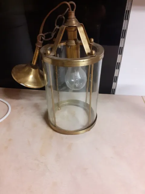 Lustre ou suspension ancienne laiton et verre Style lanterne ronde 1 feux