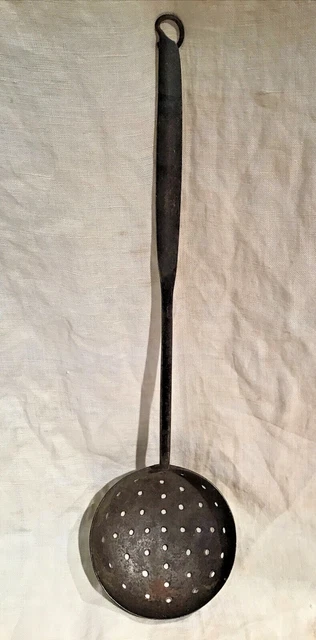 Antique Blacksmith Made 19Th Century Wrought Iron Strainer Pierced Ladle