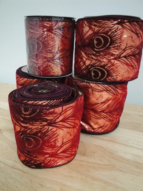 Peacock Christmas Ribbons, 5 rolls, Red, 4 x 10 Yards each