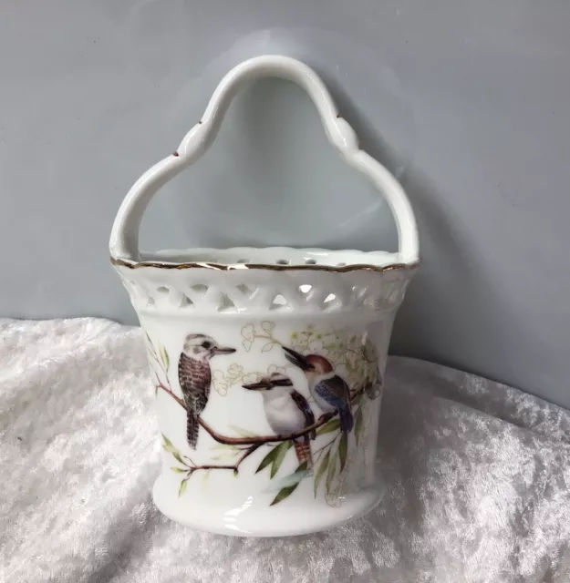 Vintage The Australian Bird Collection Fine Bone China Kookaburra Basket Vase