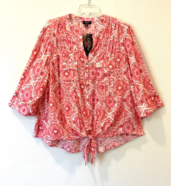 Cocomo 3X Popover Top Pink Watercolor Floral Knot Front 3/4 Sleeve Rayon Pintuck