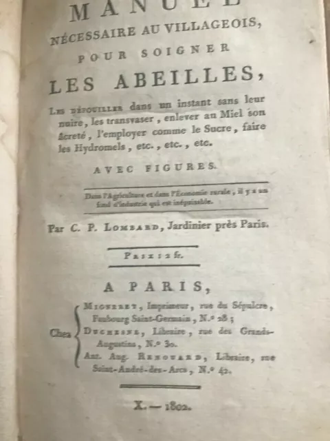Manuel Nécessaire Au Villageois Pour Soigner Les Abeilles C.p. Lombard 1802 E.o.