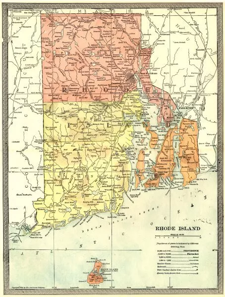 RHODE ISLAND state map. Counties. Block Island 1907 old antique plan chart