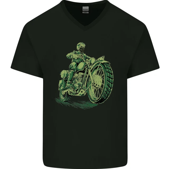 Biker Green Cafe Racer Motorbike Motorcycle Mens V-Neck Cotton T-Shirt
