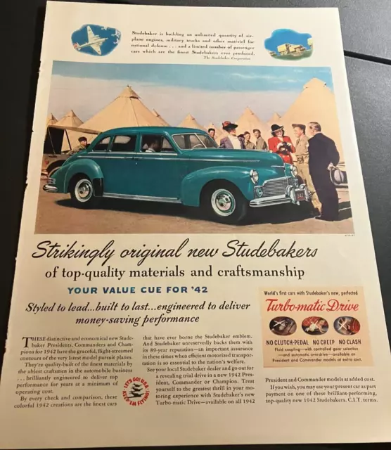 1942 Studebaker Model Range - Vintage Original Color Print Ad Wall Art - WW2 ERA