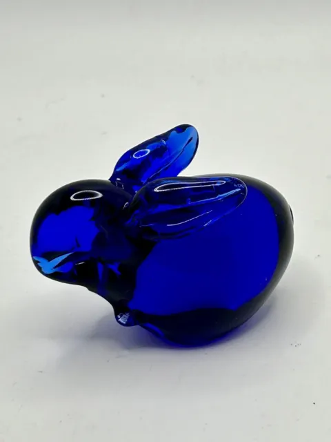 VINTAGE Hand Blown Art Glass Cobalt Blue Rabbit BUNNY Paperweight Figurine 3”