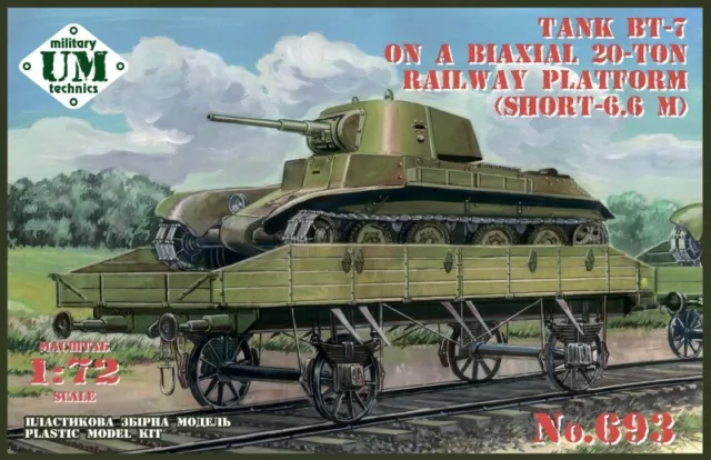 UMT 693 Plastic model kit 1:72 BT-7 tank on a biaxial 20-ton railway platform