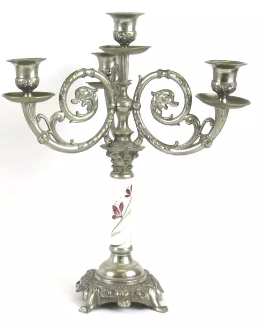 Candelabro Antico In Metallo Con Fusto Ceramica Dipinto Mano Candeliere Vs6