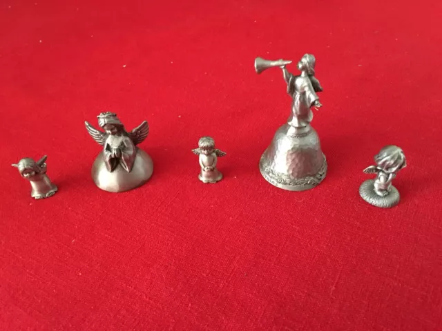 LOT OF 6 PEWTER ANGELS FIGURINES And A BELL WITH MUSICAL INSTRUMENTS 1"-4”