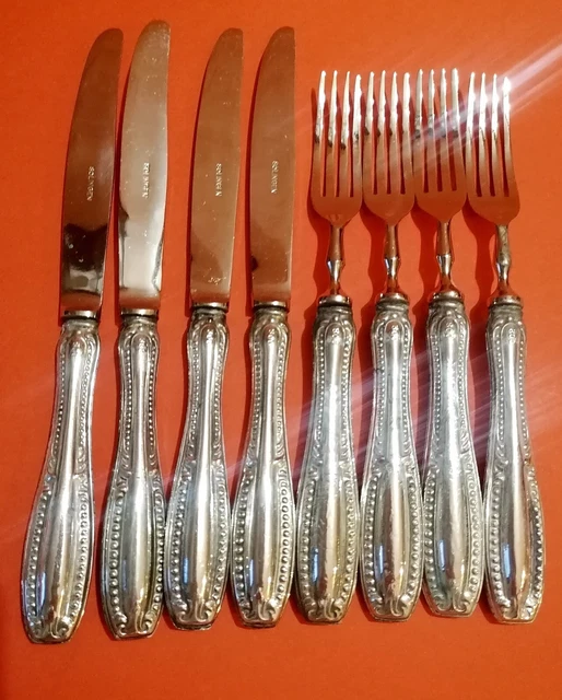 Set 4+4 posate da dolce Solingen manico lamina argento 800 vintage Set 4+4 posate da dolce Solingen manico lamina argento 800 vintage