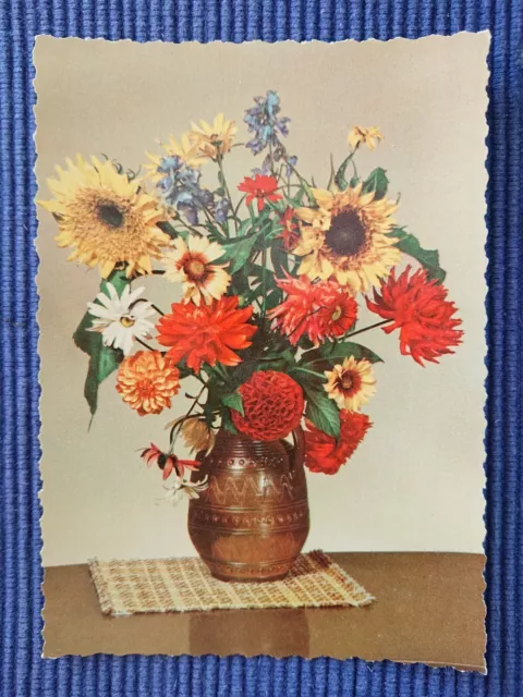 Antiguo Tarjeta Postal Postales Ramo Florero de Cerámica 50er Dalias Girasol