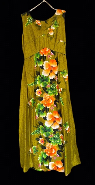 Vtg Penny’s Hawaii Long Dress Hawaiian Dress Hawaii Green Orange White Flowers