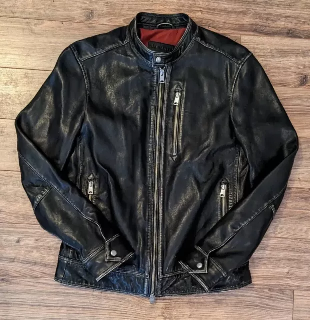 Allsaints Cable Jacket Mens Leather Black Vintage Patina Cafe Racer Biker S EUC