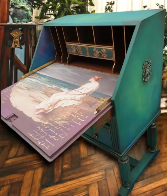 Stunning Vintage Emerald Green Bureau Writing Desk Hand Painted Upcycled... 2