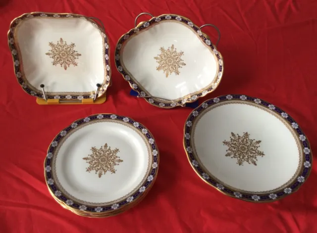Anysley gold and cobalt China - Cake Stand, 2 Serving Dishes and 6 Plates.