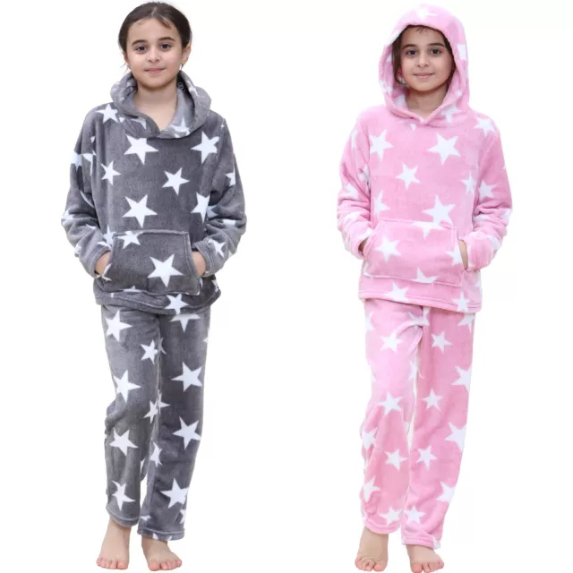 Kids Girls Stars Print Pyjama Extra Soft Loungewear Flannel Fleece PJS Set