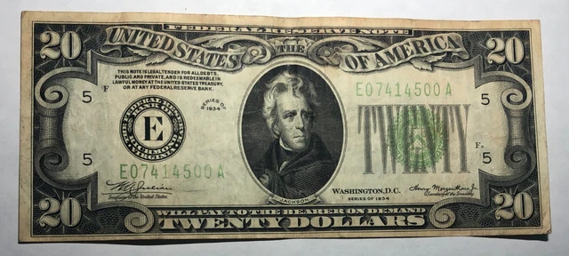 1934 $20 Federal Reserve Note FRB E Richmond FR2054E. VF. #34