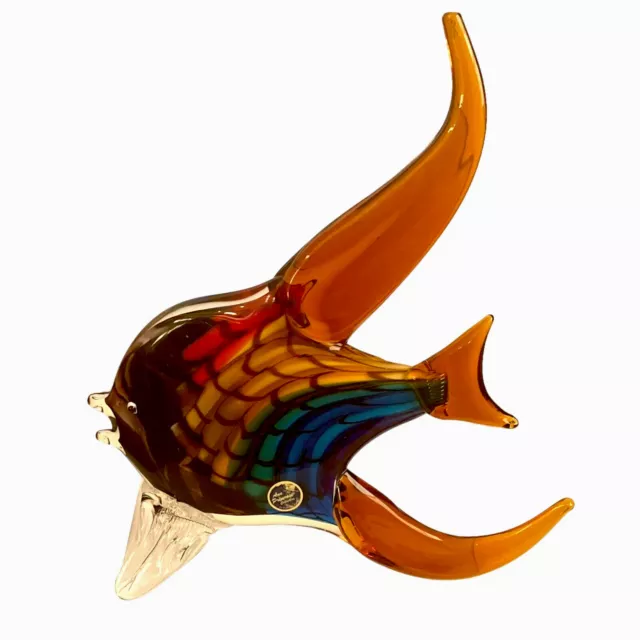 Vintage Ann Primrose Murano Hand Blown Art Glass Tropical Fish Rainbow Large 12”