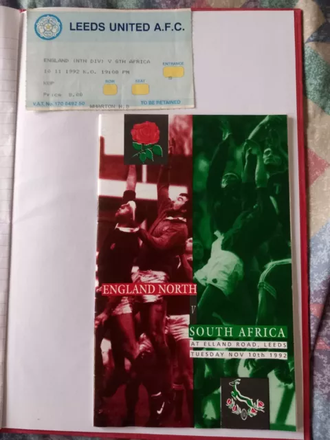 England North v South Africa - Rugby Union programme from 1992 + ticket