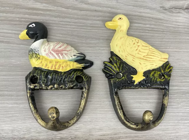 Vintage Set of 2 Cast Iron Hand Painted Duck Wall Hook Coat Hanger Rustic Rural