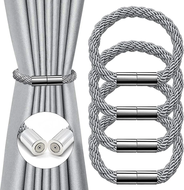 4 Pack Magnetic Curtain Tiebacks Convenient Drape Tie Backs Weave Sliver Gray
