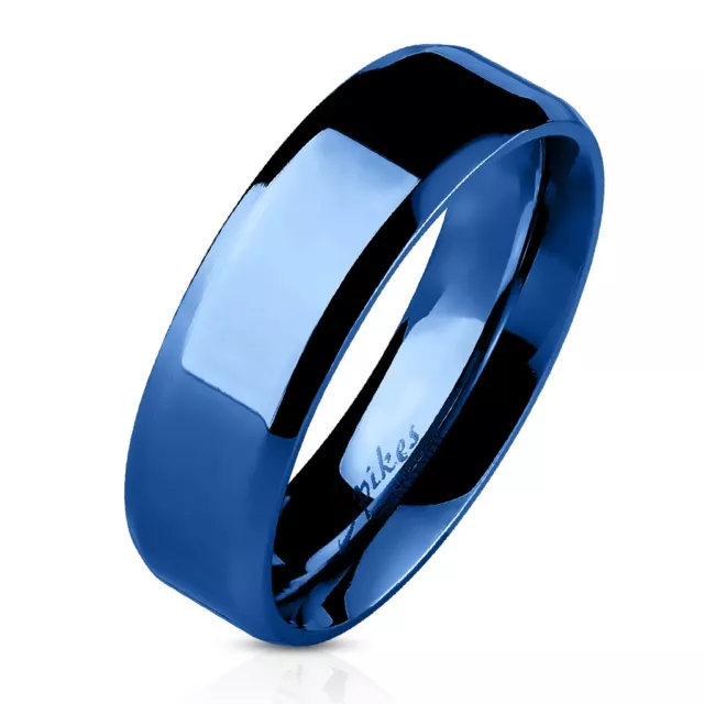 Bevelled Edge Flat Band Blue IP Over Stainless Steel Ring