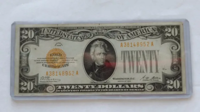 FR-2402 SERIES OF 1928 GOLD CERTIFICATE SERIAL # A 38148952 A. It is AU $20.00++