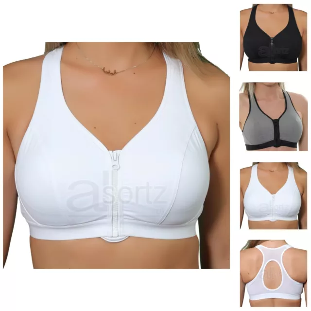 Ladies Sports Bra Zip Front Fastening Non Wired Unpadded Med Hold Uk Plus Size