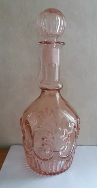 carafe bouteille ancienne avec bouchon en verre vieux rose en TBE / art déco