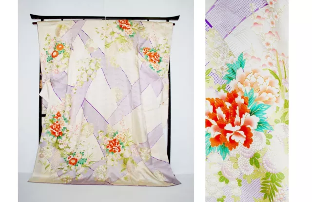 Furisode Kimono Robe XL White Silk Wedding Dress Vintage Japanese Floral F/S