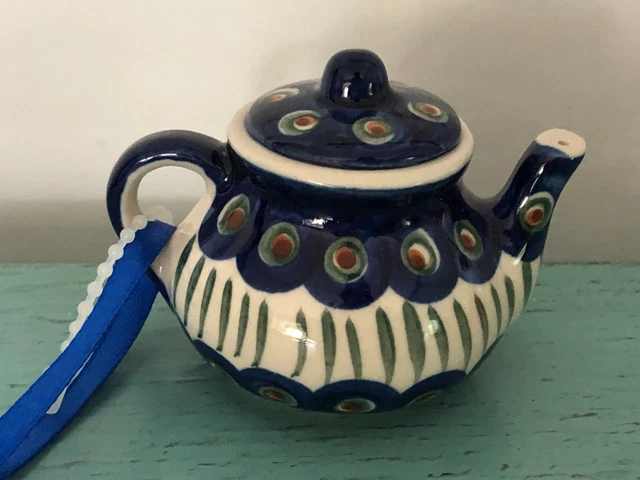 Unikat Polish Pottery Peacock Mini Teapot Christmas Ornament NWOT Poland