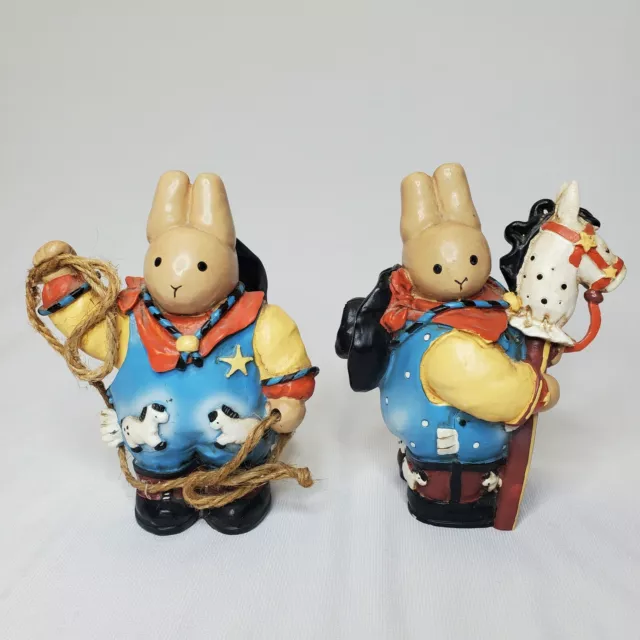 Western Bunny Rabbits Cowboy & Cowgirl Resin Figurines Cute Coveralls Hat Lasso