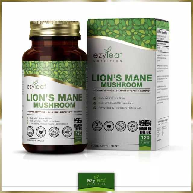 Lions Mane Mushroom Powder Capsules MAX STRENGTH 5:1 Extract | 1000mg Serving